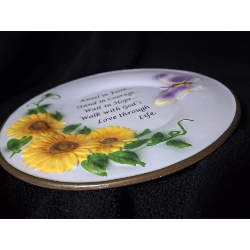 Inspirational Sunflower Butterfly Faith Decorative Plate 8 Inch 3D Ceramic